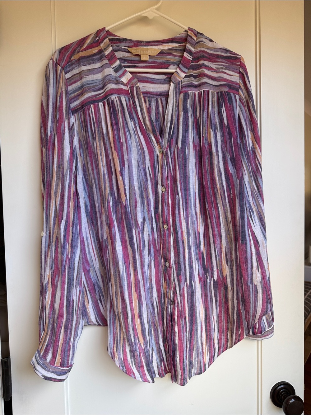 Striped Button-Front Blouse in Purple Multi by Hope & Harlow (L)